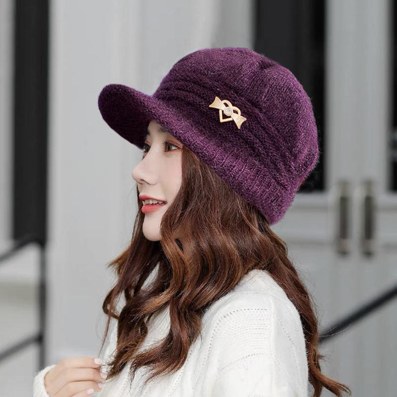 Autumn and winter hats women's fashion versatile warm knitted wool hats middle-aged and elderly trendy velvet mother wool hats