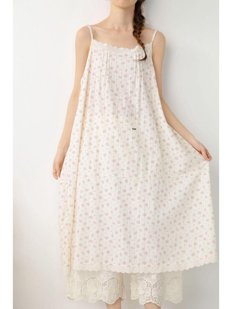 Spring/Summer 2026 Floral Print Spaghetti Strap Midi Dress - Sweet Mori Style with Lace Patchwork