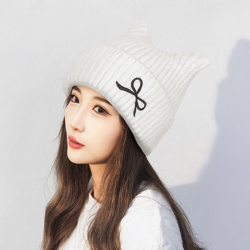 Winter Bow Cat Ear Knitted Wool Hat Women's Warm Ear Protection Hat