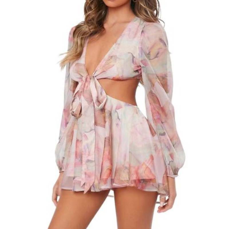 Abito estivo da donna in chiffon con maniche a lanterna e fantasia geometrica per abbigliamento casual