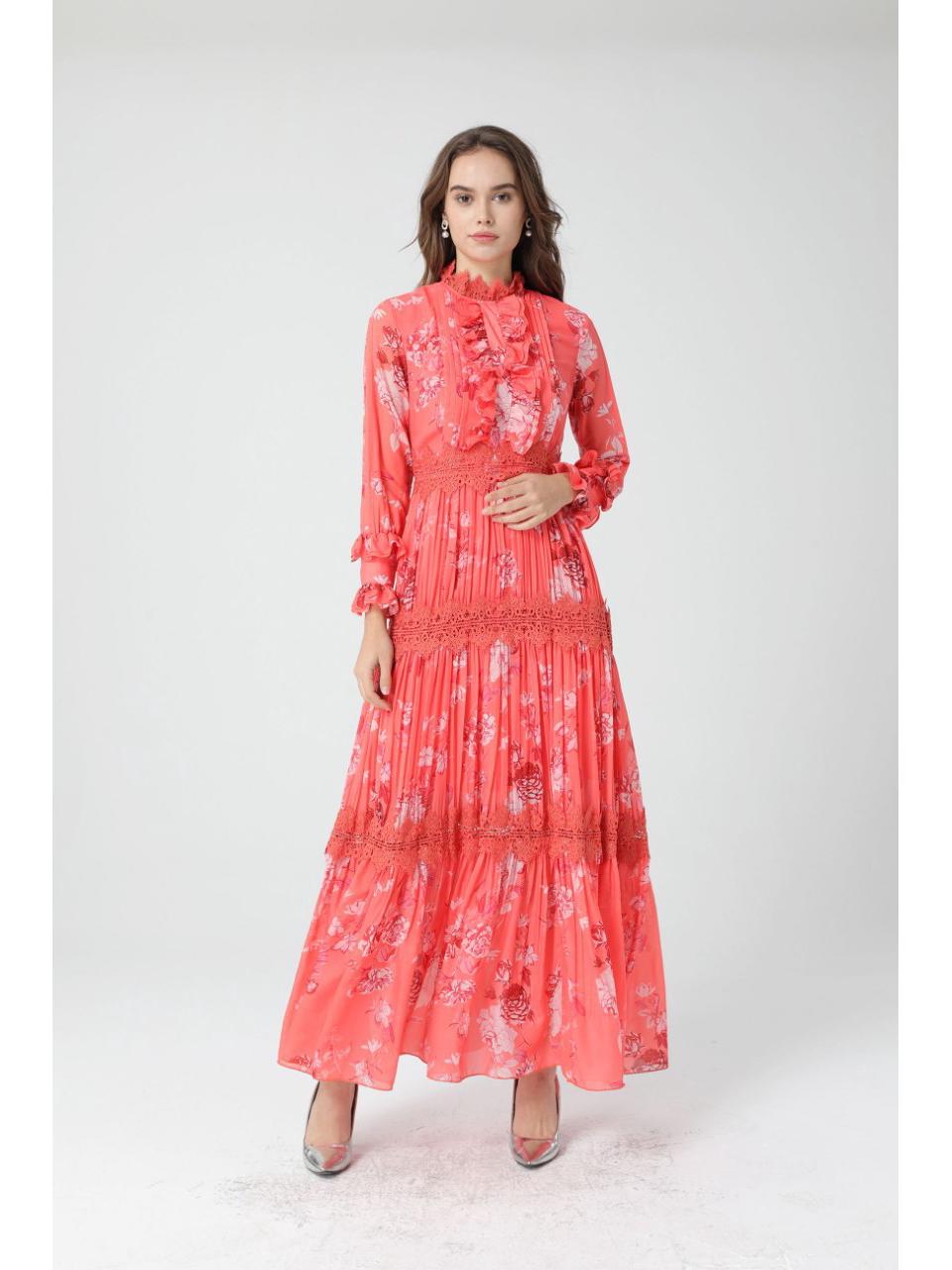 

Платье из шифона с цветочным принтом и высокой талией — элегантная весенняя длинная юбка с нежными водорастворимыми цветочными узорами и длинными рукавами 2X Large