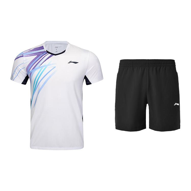 Li Ning Badminton Series Color Block Striped Quick-Dry Sweat-Wicking Pullover Top Casual Quick-Dry Cool Shorts Sports Set AAYV039-2+AKSU789-3