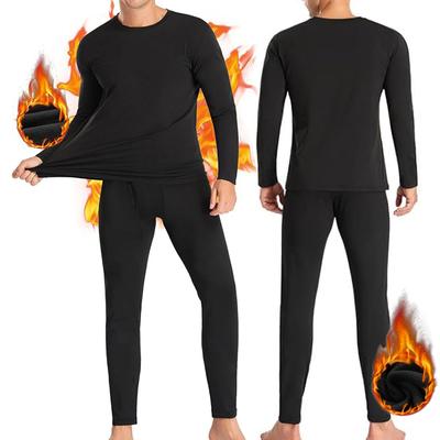 Men Round Neck Long Sleeve T-shirt Trousers Set  Compression Thermal Underwear Fleece Lined Long Johns Winter Warm Base Layer