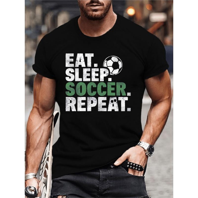 

European sizes Repeat Graphic, Men s Eat Sleep Soccer Repeat Graphic T-Shirt - Casual Short Sleeve Crew Neck Tee with Soccer Ball 4XL чорний