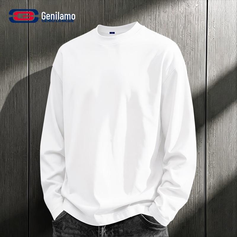 GENIOLAMODE Men's Heavyweight Cotton Long-Sleeve Crew Neck T-Shirt