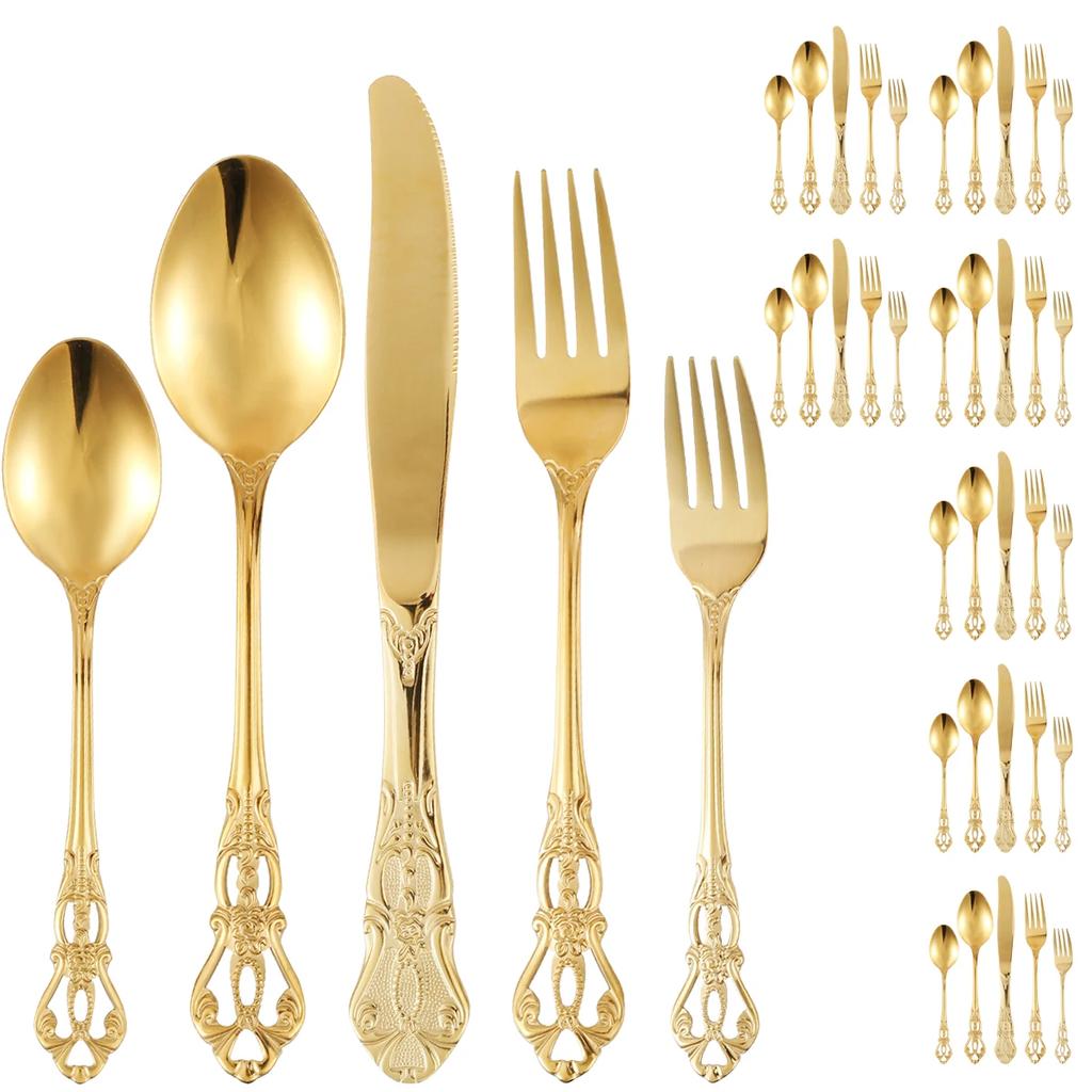 40PCS Gorgeous Retro Royal Flatware Set Stainless Steel Gold Silverware Set Vintage Embossed Kitchen Utensil Kit with Fork Spoon