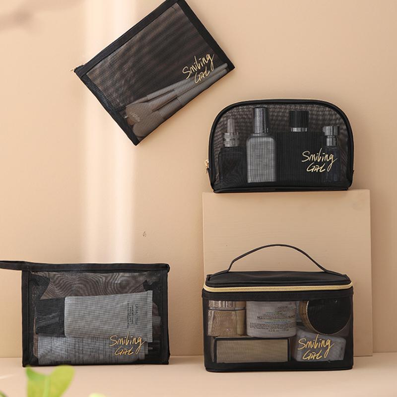 1Pc Black Mesh Cosmetic Bag Small Large Makeup Bags Zipper Pouch For Offices Travel Storage Bags Toiletry Bags Makeup Pouch