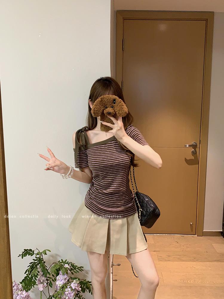 Summer Sweet & Spicy Striped Off-Shoulder Slim Fit T-Shirt for Women