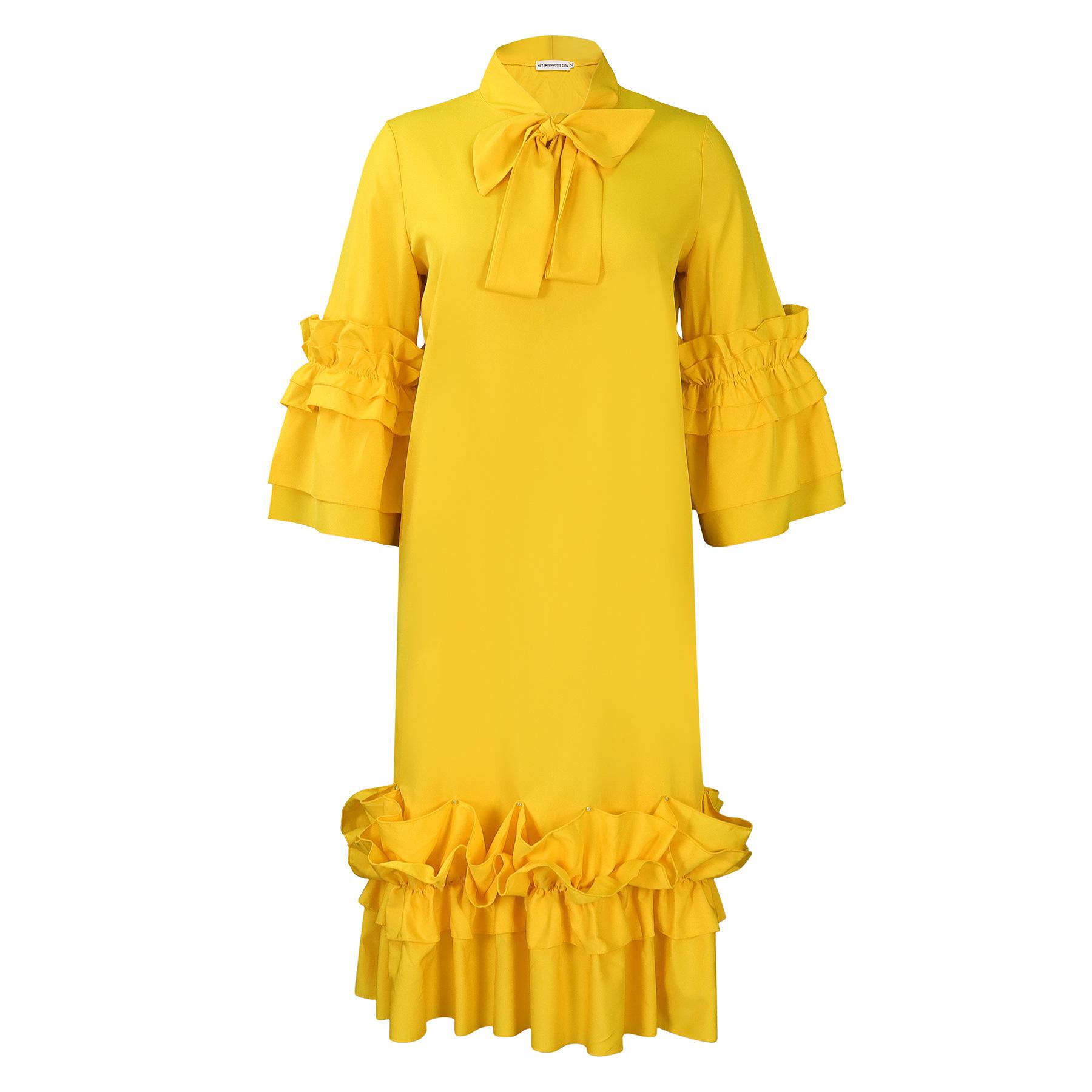 

Spring and summer new fashion casual style ruffle leaf edge horn sleeve large size dress XXXL жовтий