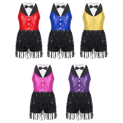 Kids Girls Sequins Tassel Latin Ballet Dress Tutu Skirt Leotard Modern Jazz Ballroom Performance Dancewear