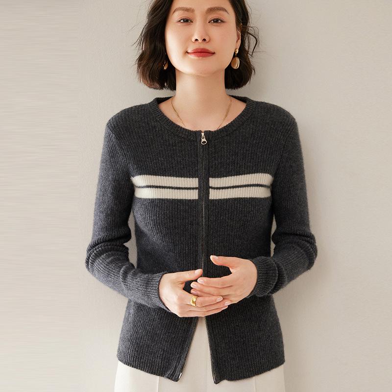 Color-Block Patchwork Cashmere Cardigan - Women's Autumn/Winter 2025 Ribbed Long Sleeve Knit Top