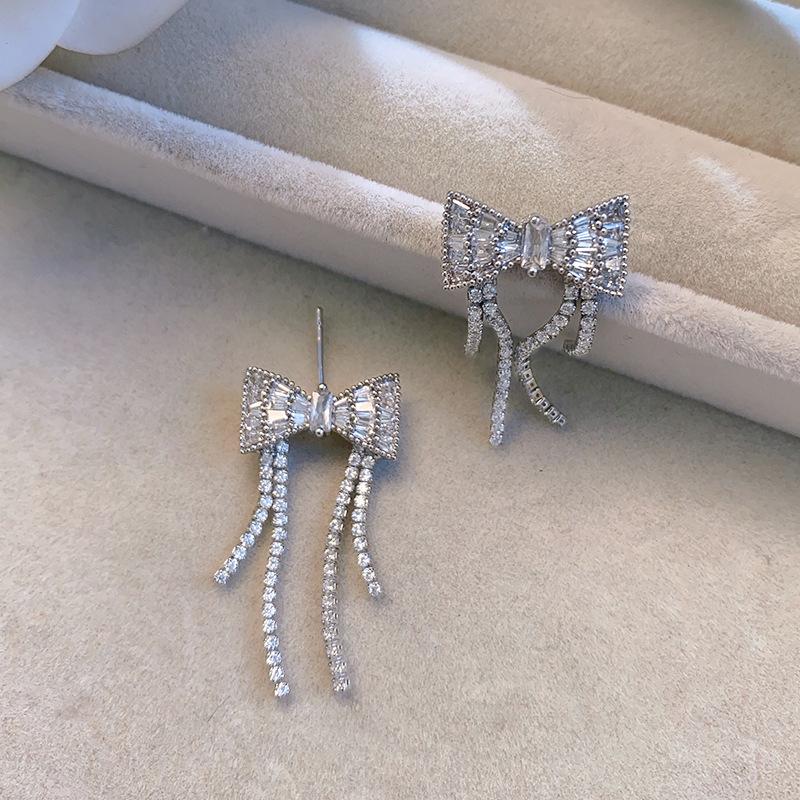 Silver Bow Tassel Earrings Copper Inlaid CZ Zircon Dangle Earrings Sweet Minimalist Jewelry for Women