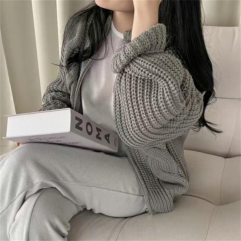 Women Zipper Rib Loose Cardigan Coat Lantern Sleeve Knit Warm Sweater Coat Solid Casual Office Jacket Women Fall Winter