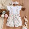 Toddler Girls Short Sleeve Top with Floral Print Overalls and Matching Headband Set Soft Fabric Comfortable Fit Summer Outfit