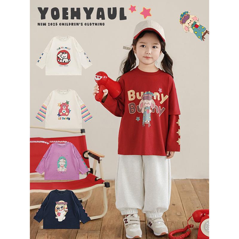 Wulibu Girls' Cartoon Print Faux Two-Piece Ribbed T-Shirt - Cute, Casual Spring 2025 Trend.