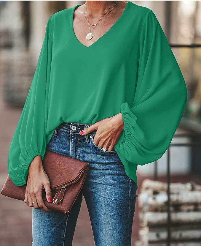 European & American Women's V-Neck Lantern Sleeve Loose Long Sleeve Plus Size Top - Summer 2025 Collection