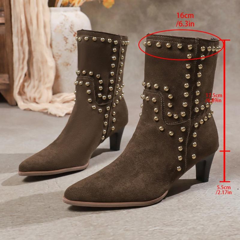 Women's Mid-calf Boots Retro Rivet Short-tube Chelsea Boots Fashion Pointed High Heeled Boots for Women Suede Cowhide Ankle Boot