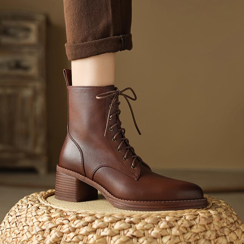 2024 New Autumn/Winter Genuine Leather Women Boots Pointed Toe Chunky Heels Boots for Women Short Boots Suqare Heel Ankle Boots