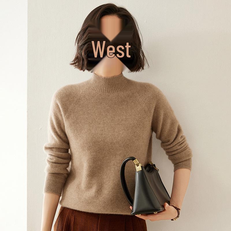 Women's Cashmere Raglan Sleeve Slim Fit Sweater - Half High Neck, Thickened, Solid Color, Versatile Knitted Top.