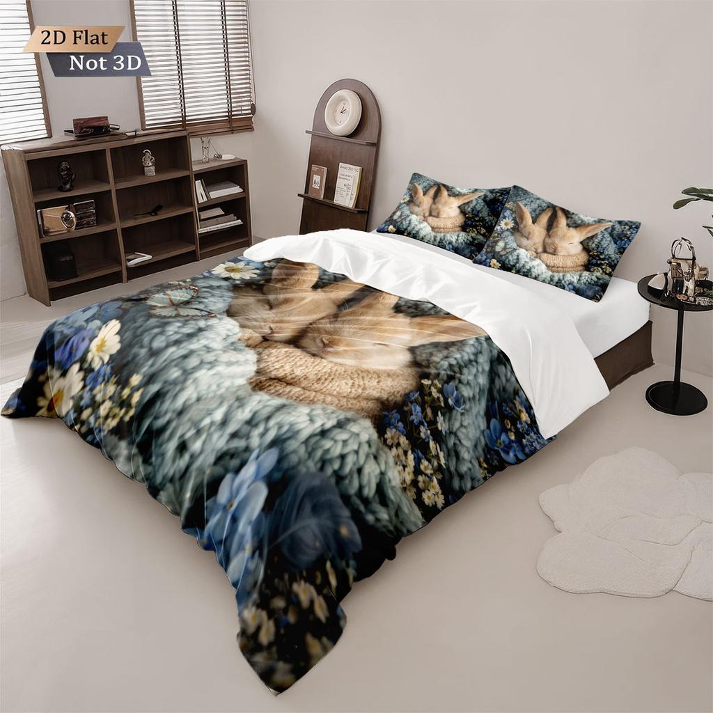 3Pcs Cute Cartoon Sleeping Rabbit Printed Down Duvet Cover Set, Multi Size Bedroom Bedding Decoration, Machine Washable