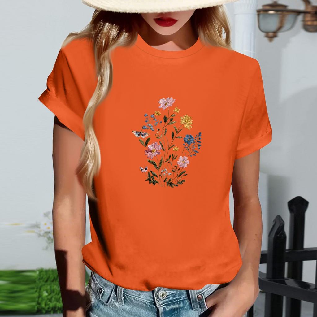 Women's Fashionable Round Neck Casual Retro Print Short Sleeved T-shirt Top