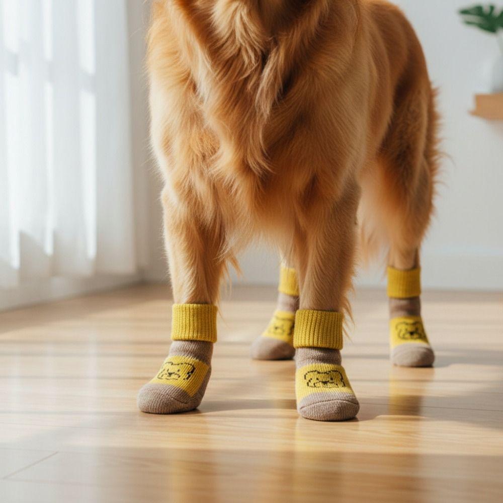 4pcs/set Adorable Cartoon Pattern Pet Anti-slip Socks Soft Elastic Pet Foot Cover Comfortable Puppy Warm Socks Autumn Winter