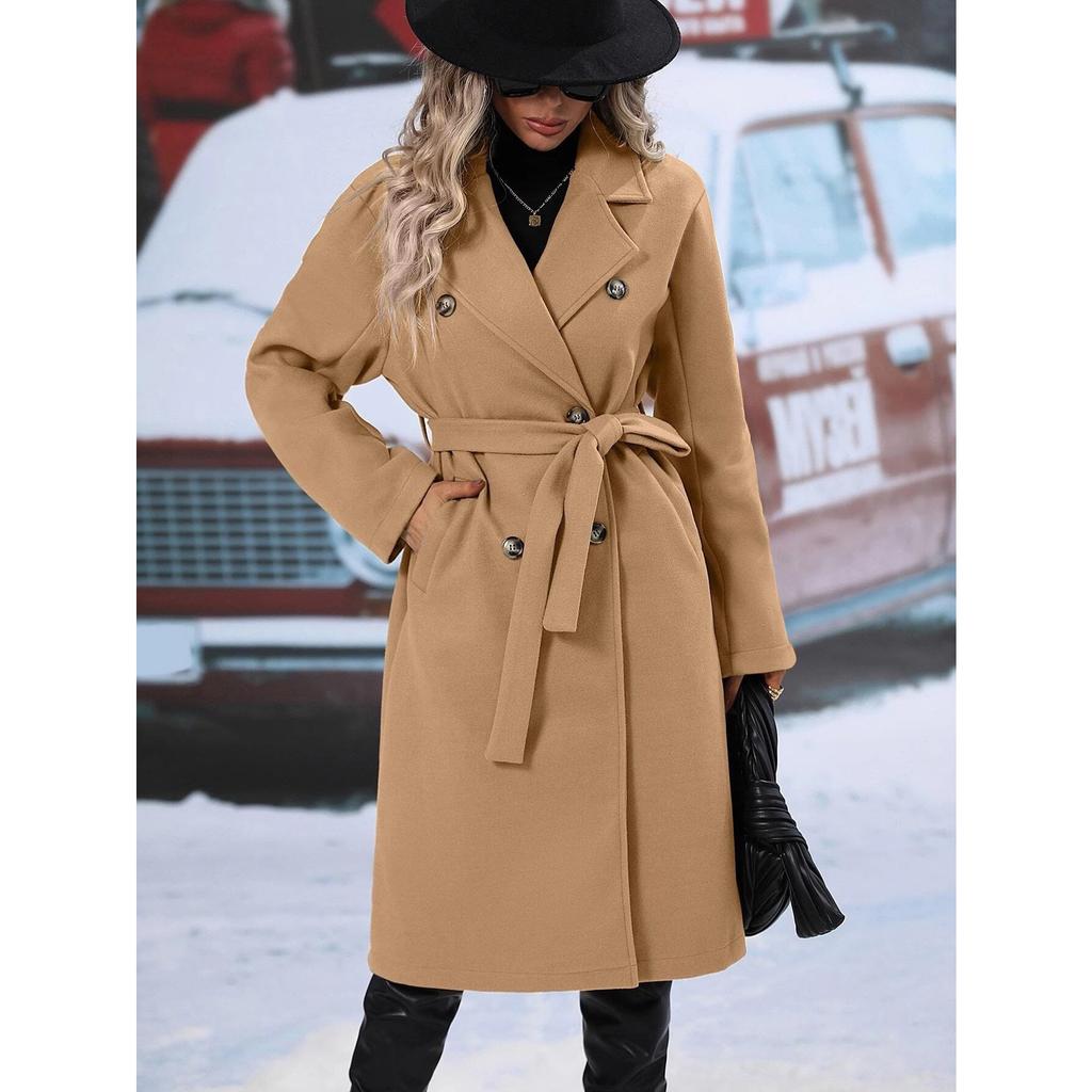 2025 Autumn Winter Women's Double-Breasted Wool Blend Trench Coat, Belted Waist Elegant Overcoat with Notched Lapel, Classic Office Chic Outerwear