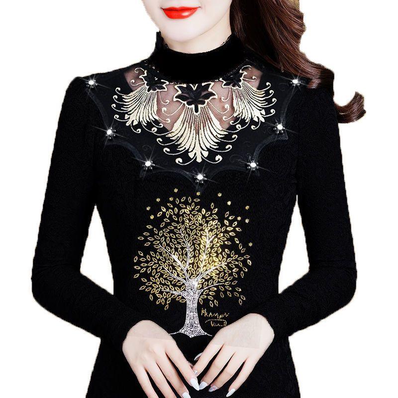 Women's Printed Stretch Base Shirt Slim Fit Lace Rhinestone Long Sleeve T-Shirt Fall Winter