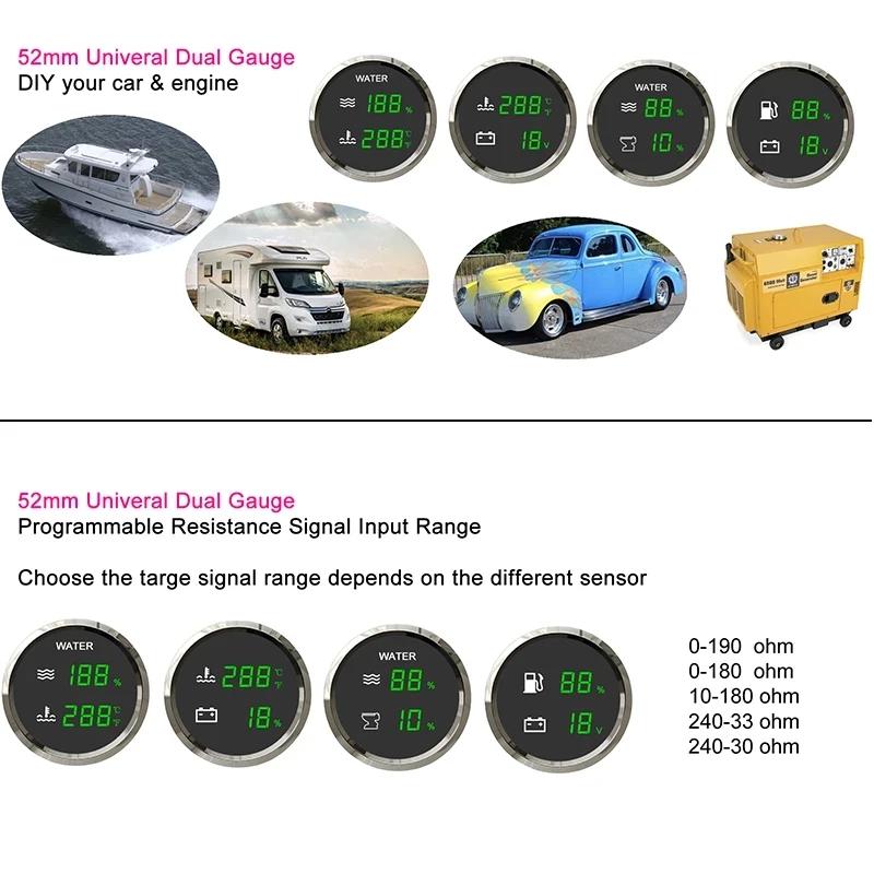 Multifunctiaonal 2 IN 1 Water Level Gauge+Sewage Level Gauge Green LED Digital 52mm Dual Gauge 0-190ohm RV Car Boat Yacht 9-32V