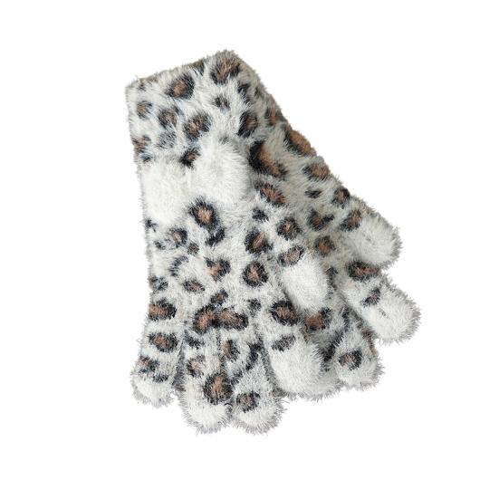 1 Pair Knitted Gloves Leopard Print Plush Warm Winter Gloves with Tie-Dye Color Bow Decoration Touchscreen Gloves