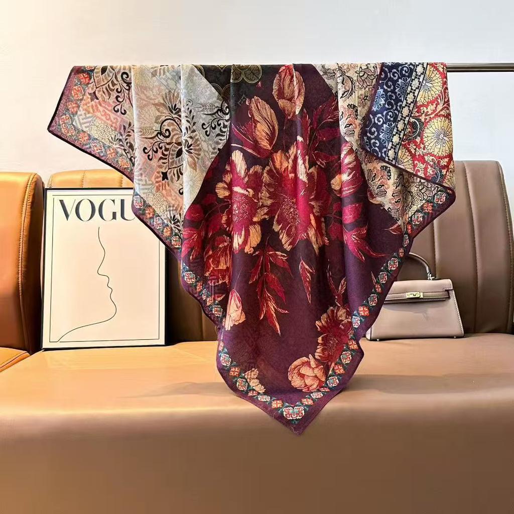 Imitation Velvet Silk Scarf Women'S 90 Square Scarf Double-Sided Heterochrome Splicing Printing Travel Beach Towel Sunscreen Shawl