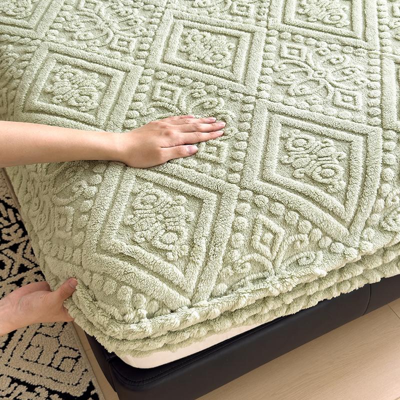 WOSTAR Winter Warm Coral Fleece Fitted Sheet Elastic Mattress Protector Cover Retro Style Bed Linens Luxury Double Bed King Size