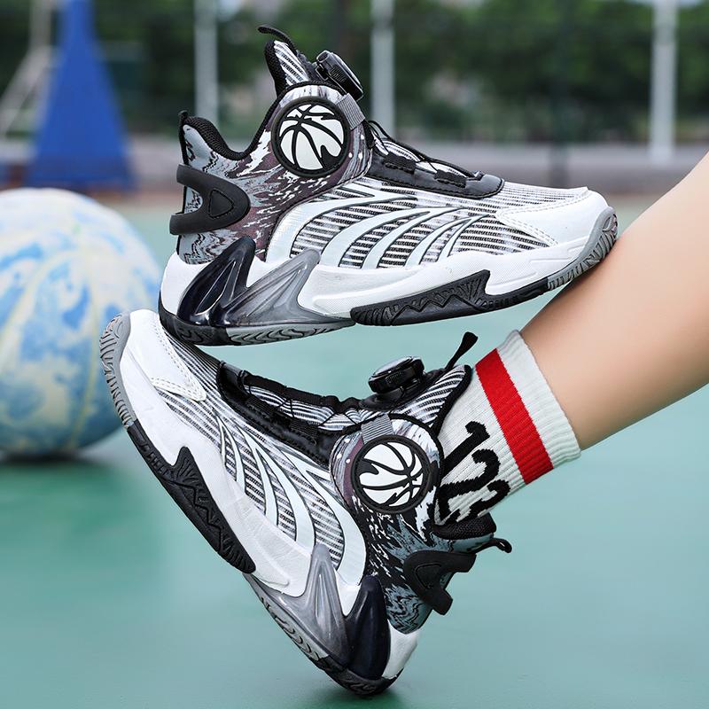 Boys' shoes summer mesh surface breathable luminous 2024 new children's sports shoes soft soled rotary button basketball shoes
