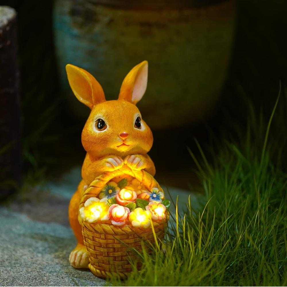 Solar Resin Rabbit Statue With Light Flower Basket Outdoor Garden Yard Decor Lamp