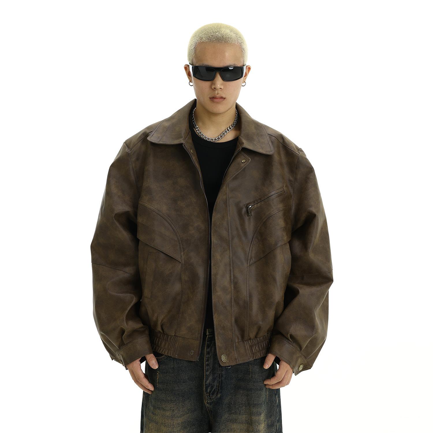 

American trendy brand retro old leather jacket men s spring and autumn new ruffian handsome design sense niche casual lapel jacket 3XL коричневий