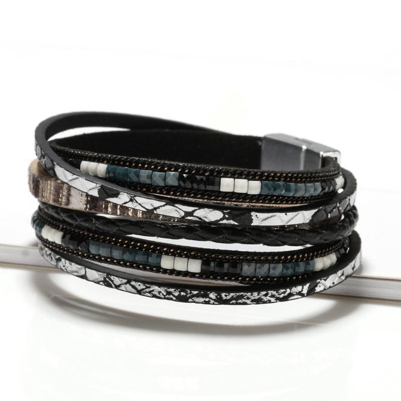 Bohemian Hand-woven Leather Bracelet Women's Alloy Magnetic Buckle Multi-layer PU Bracelet Multi-color Optional