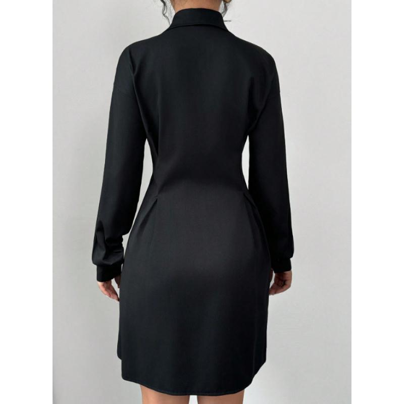 Women's Elegant Turn Down Collar Long Sleeve Knee-Length Button Down Shirt Dress Slim Waist Pleated Mini Dresses