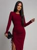 European American Sexy Slimming Solid Color Hip-Hugging Dress - Long Sleeve, Round Neck, Drawstring, Slim Fit.