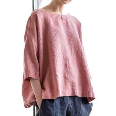 T-shirt d'été pour femme à col rond en coton et lin Pull ample Rétro Manches trois-quarts Chemisier Pull
