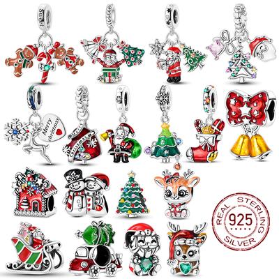 925 Silver Snowman Beads Christmas Bell Charms Fit 3mm Women Bracelet DIY Jewelry Christmas Gift