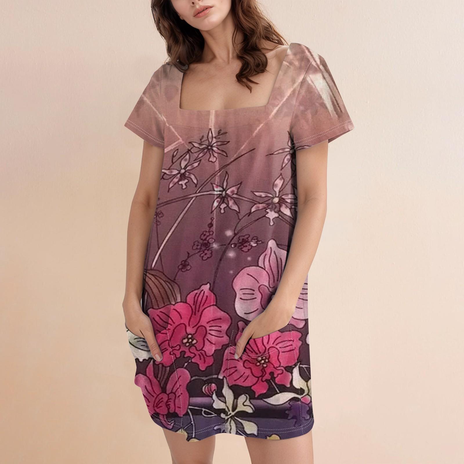 

Жіноча модна сукня з квадратним вирізом, коротким рукавом, квітковим принтом, кишенею, повсякденна XL