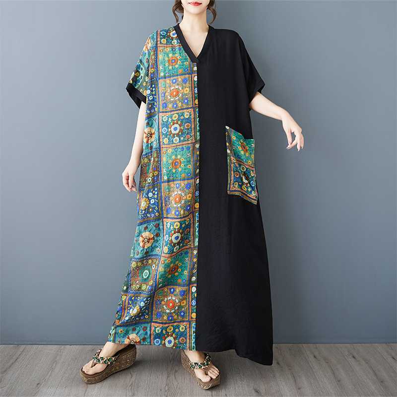 Women's Patchwork Black Long Dress Retro Robe