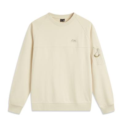 Li Ning Serie Stile di Vita Sportivo Felpa Girocollo Minimalista Monocolore Casual Uomo felpa Beige AWDV631-5