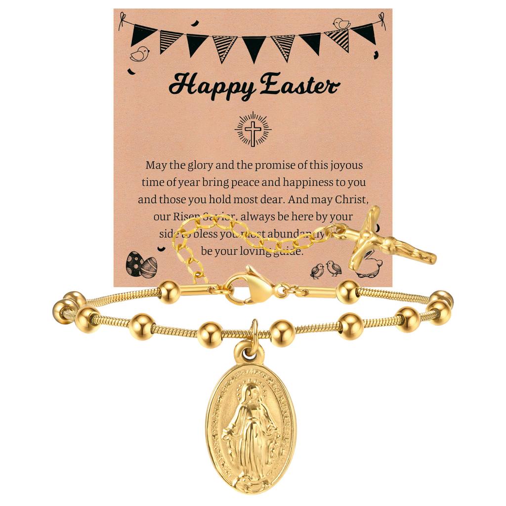 Vnox Rosary Bracelet with Easter Card, Gold Sliver Color Stainless Steel Religious Cross Virgin Mary Prayer Bracelets for Women