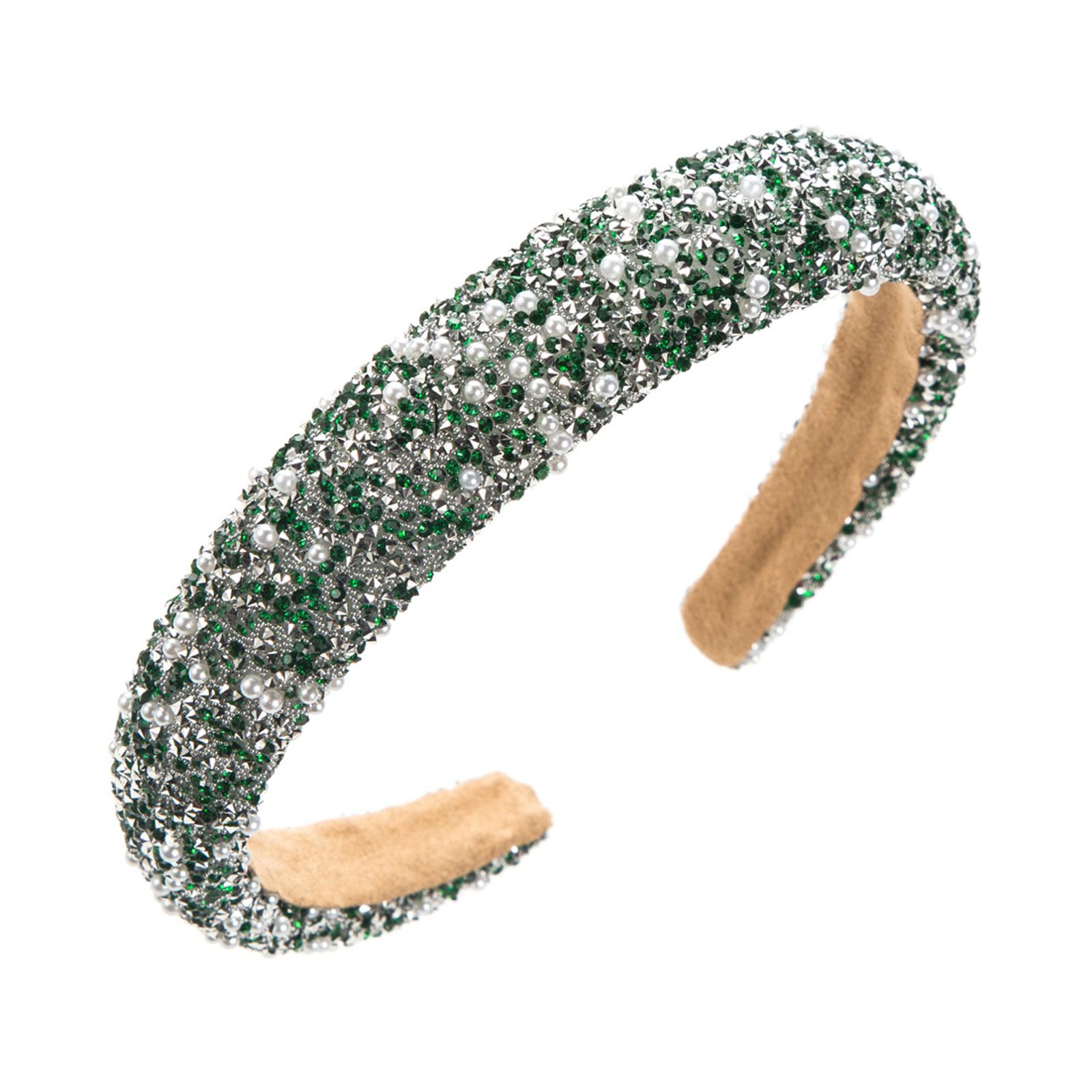 

Wide High Skull Headband with Sparkling Rhinestones Artificial Pearls for Weddings Ceremonies and Everyday Wear зелений