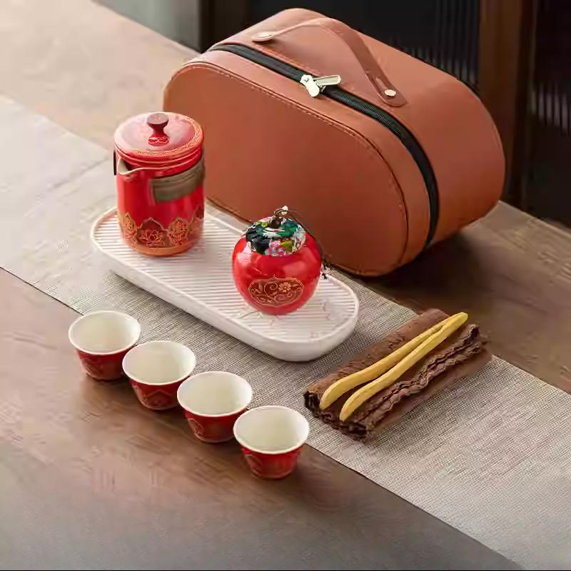 Outdoor Travel Tea Set Home One Pot Four Cups Portable Storage Bag Ceramic Quick Cup Brewing Teapot Tea Cups