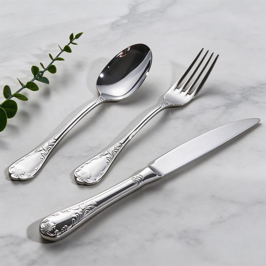 304 Stainless Steel Cutlery Set: French Mirror Finish with Noble Vine Embossed Design - Includes Steak Knife, Fork, Spoon, and Luxury Soup Spoon.