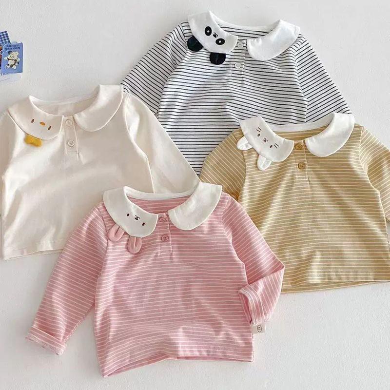 Girls Long Sleeve Cotton T-Shirt With Cartoon Ears Collar Striped Design Toddlers Kids