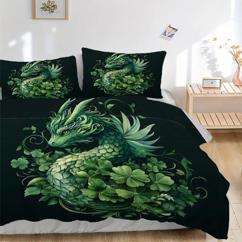 3pcs Green Leaf Dragon Quilt Set - Soft and Comfortable Bedroom, Guest Room and Dorm Decor Bedding Set 1 Quilt Cover + 2 Pillowcases.J063