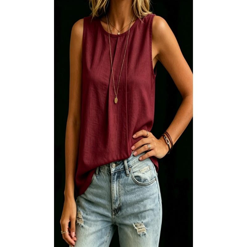 Fashion Loose Women Solid Color Irregular Sleeveless Round Neck Tank Top